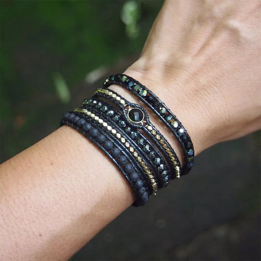 Bohemian Black Mix Natural Stone with 5 Wraps Bracelet