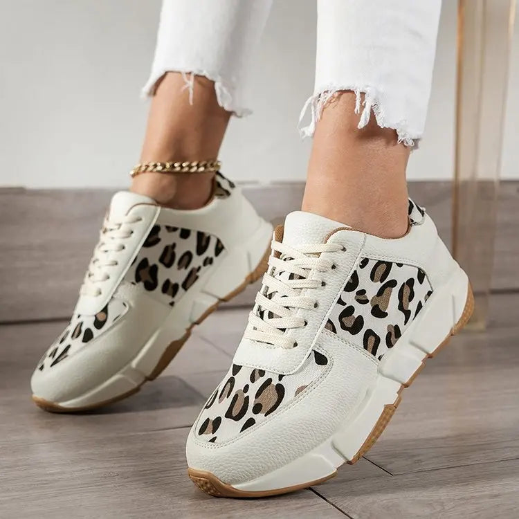 Leopard Print Lace Up Shoes Outdoor Comfortable Flats