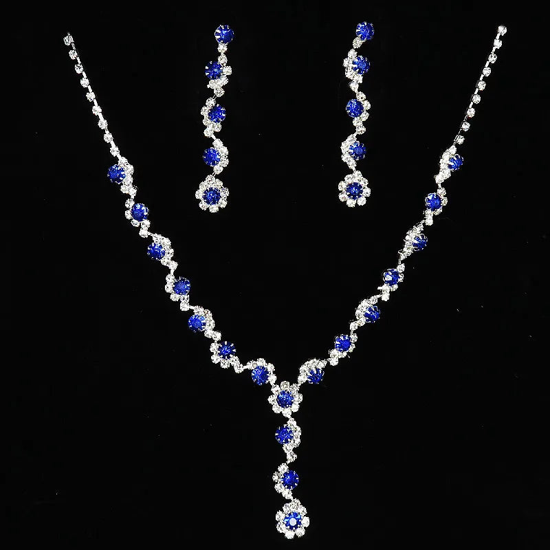 Luxury Blue Rhinestone Silver Plated Necklace Earrings Set