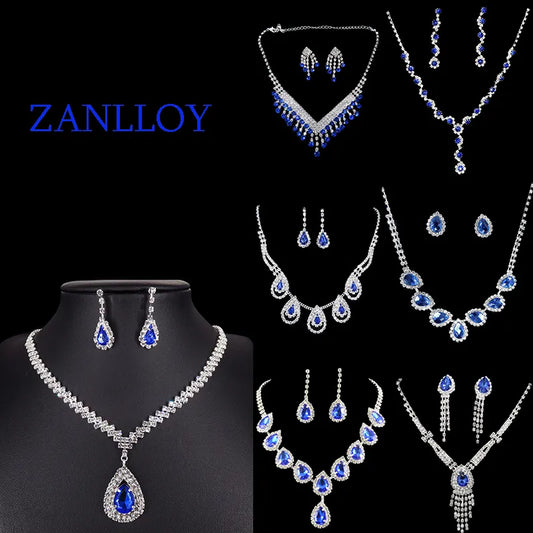 Luxury Blue Rhinestone Silver Plated Necklace Earrings Set