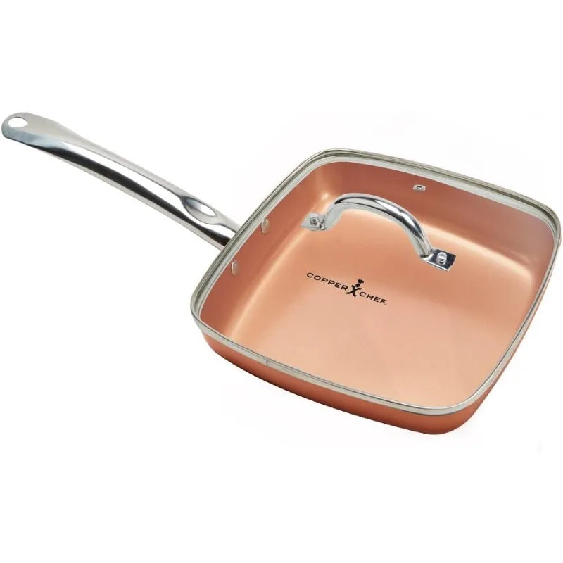 Copper Chef Non-Stick Square Fry Pan 5-Piece Set, 8 Inch Griddle Pan, 9.5 Inch Grill Pan, 11 Inch Griddle Pan, 9.5 Inch Lid