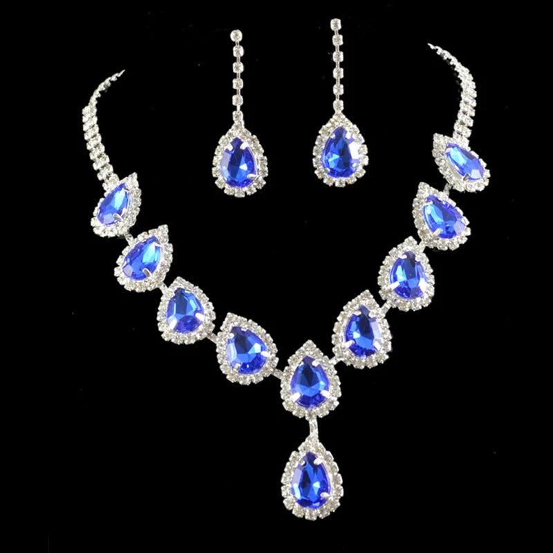 Luxury Blue Rhinestone Silver Plated Necklace Earrings Set