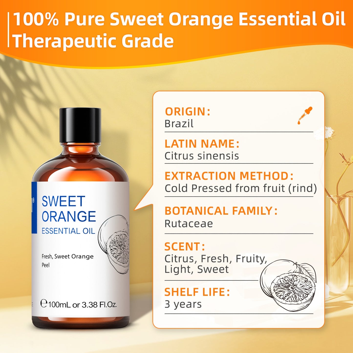 100ML Sweet Orange Essential Oils,100% Pure Nature for Aromatherapy