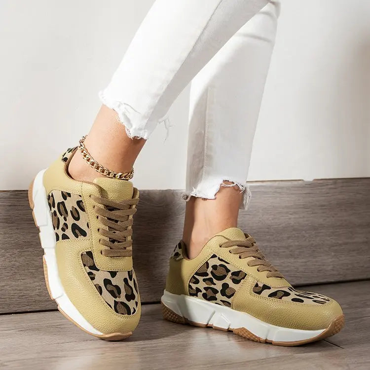 Leopard Print Lace Up Shoes Outdoor Comfortable Flats