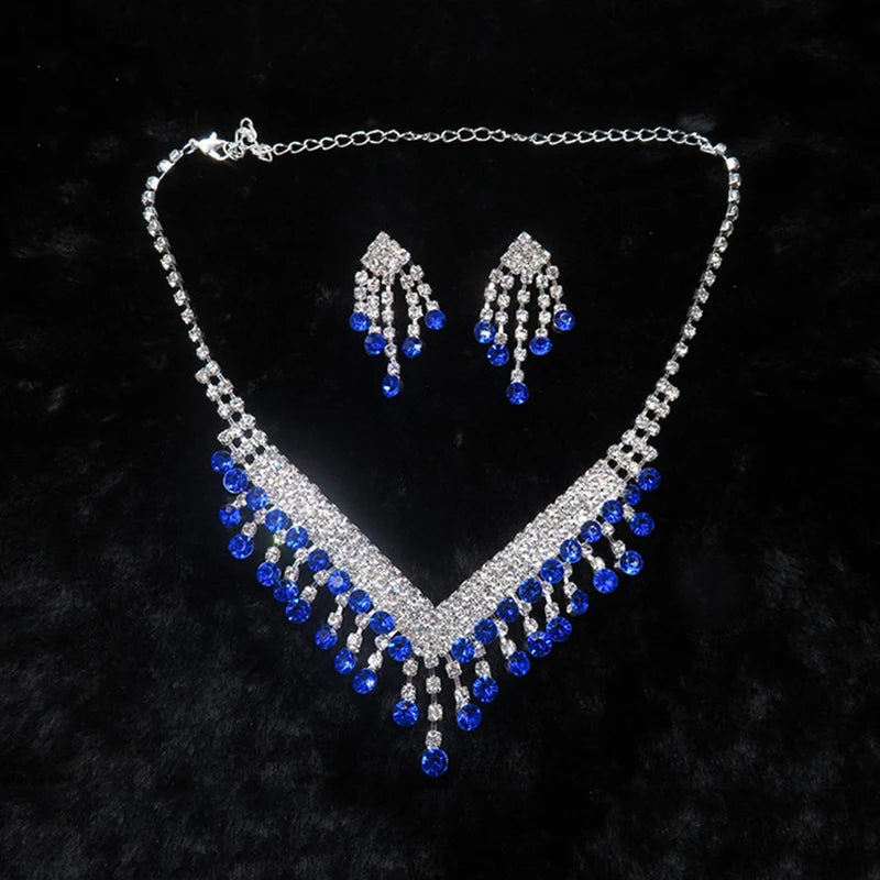 Luxury Blue Rhinestone Silver Plated Necklace Earrings Set