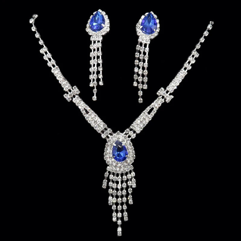 Luxury Blue Rhinestone Silver Plated Necklace Earrings Set