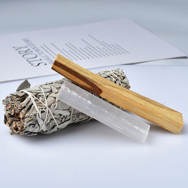 1Set Natural White Sage With Crystal Selenite Stone Point Wand Grass