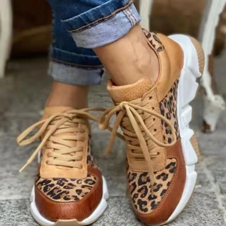 Leopard Print Lace Up Shoes Outdoor Comfortable Flats