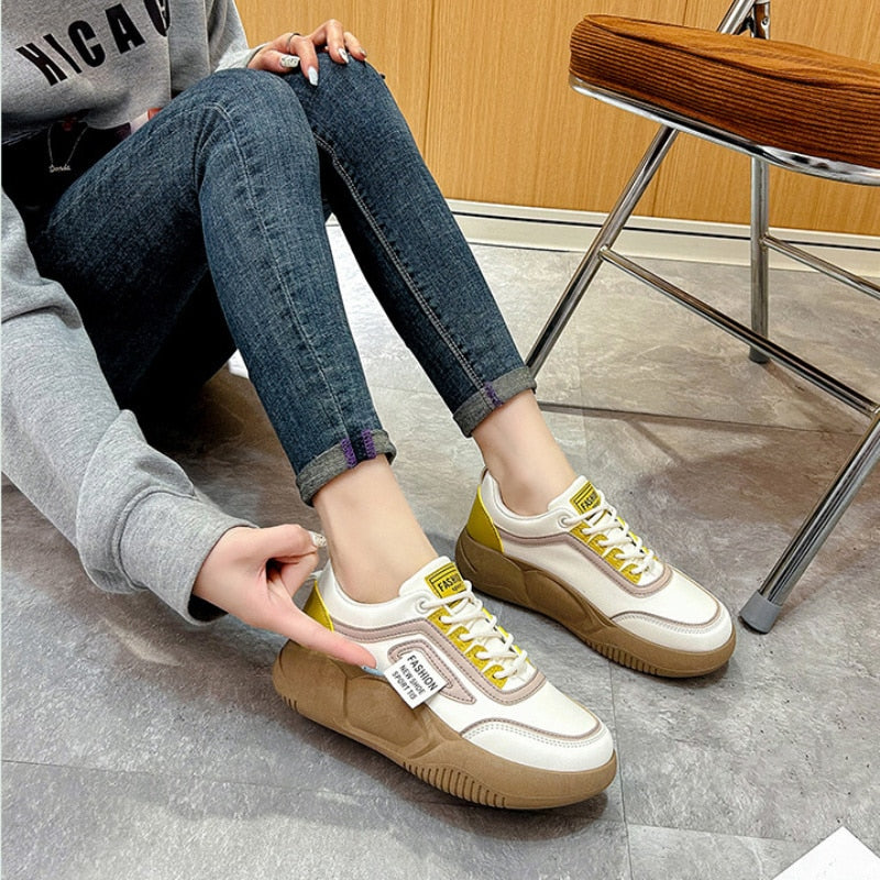 Comfortable Walking Sneakers Ladies Thick Soled Lace-Up