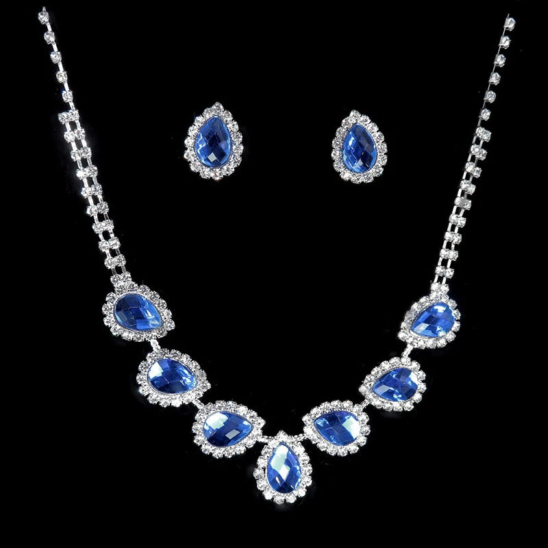 Luxury Blue Rhinestone Silver Plated Necklace Earrings Set