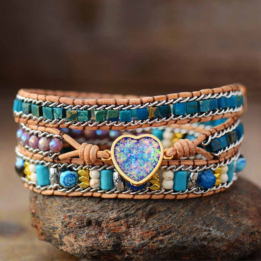 Luxury Leather Wrap Bracelets Bling Blue Heart Opal - myhealthylivingandmore